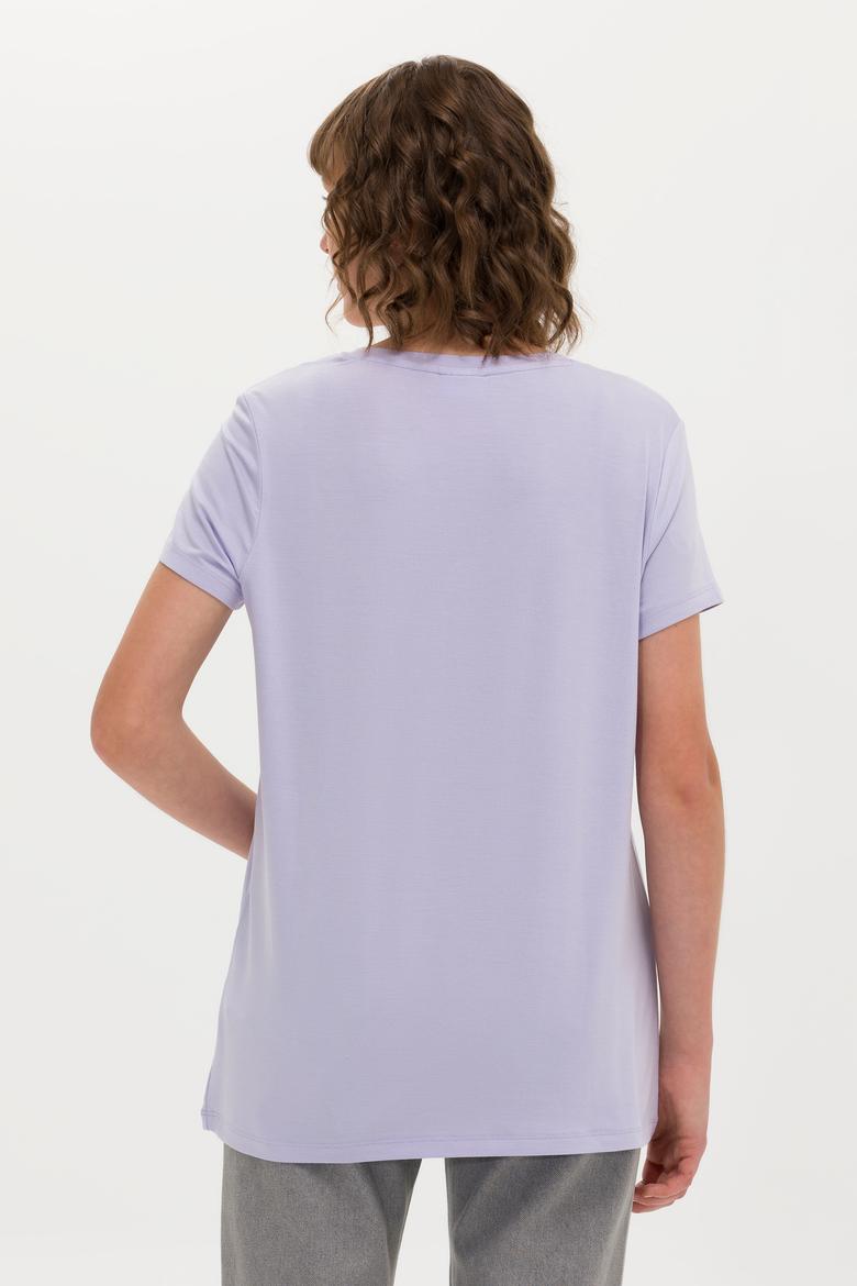 Kadın Lila V Yaka Basic Tişört - 50246033064