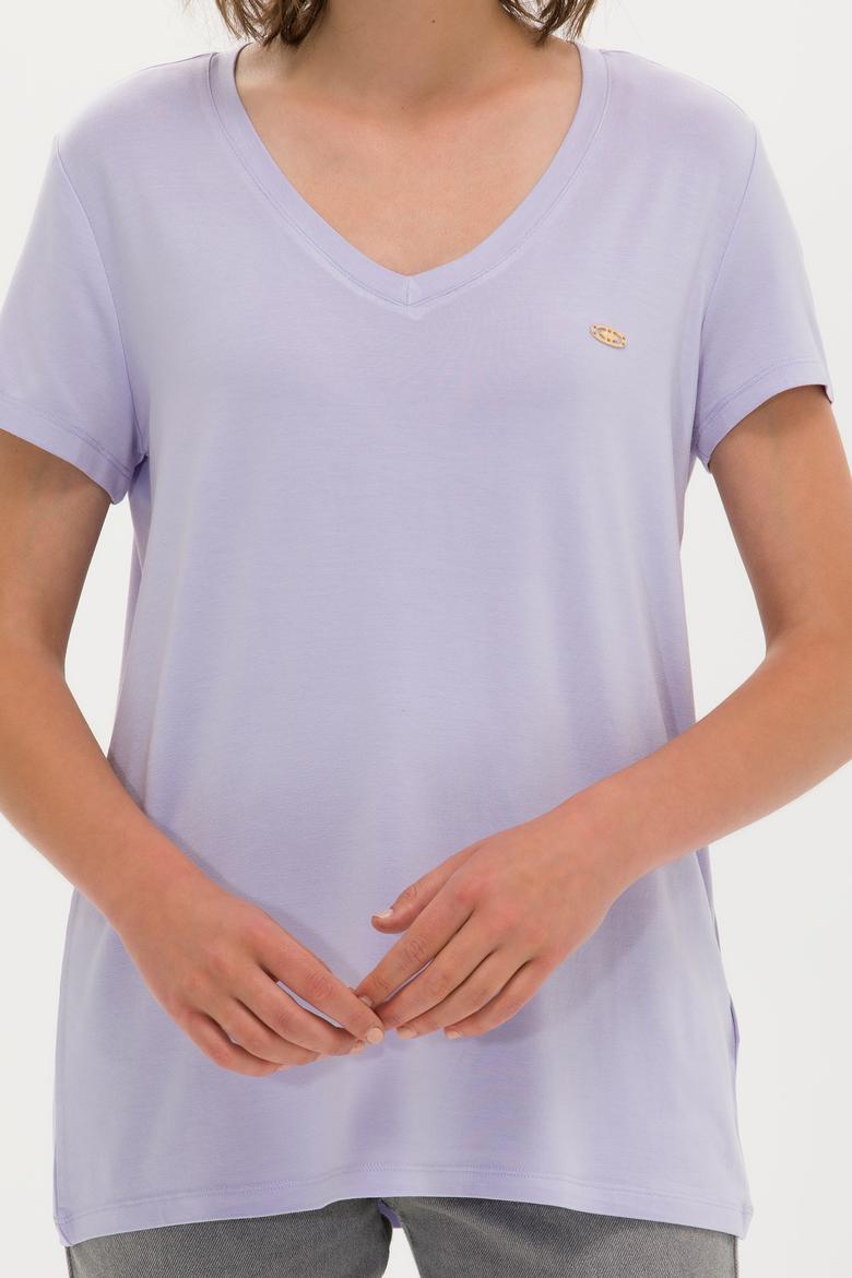 Kadın Lila V Yaka Basic Tişört - 50246033064