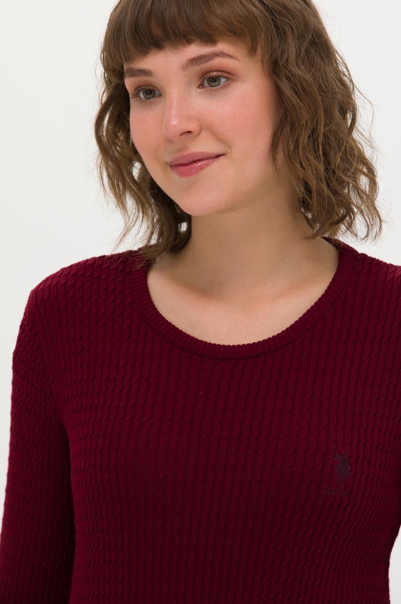 Kadın Bordo Bisiklet Yaka Basic Kazak