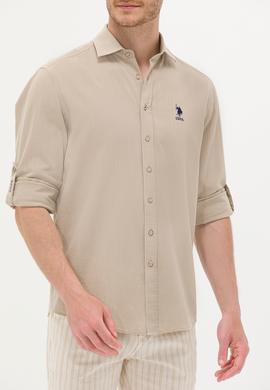 Erkek Haki Keten Görünümlü Basic Gömlek - 50254189016