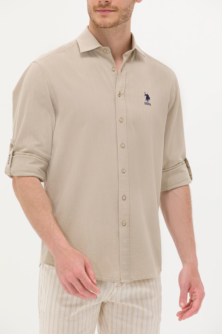 Erkek Haki Keten Görünümlü Basic Gömlek - 50254189016