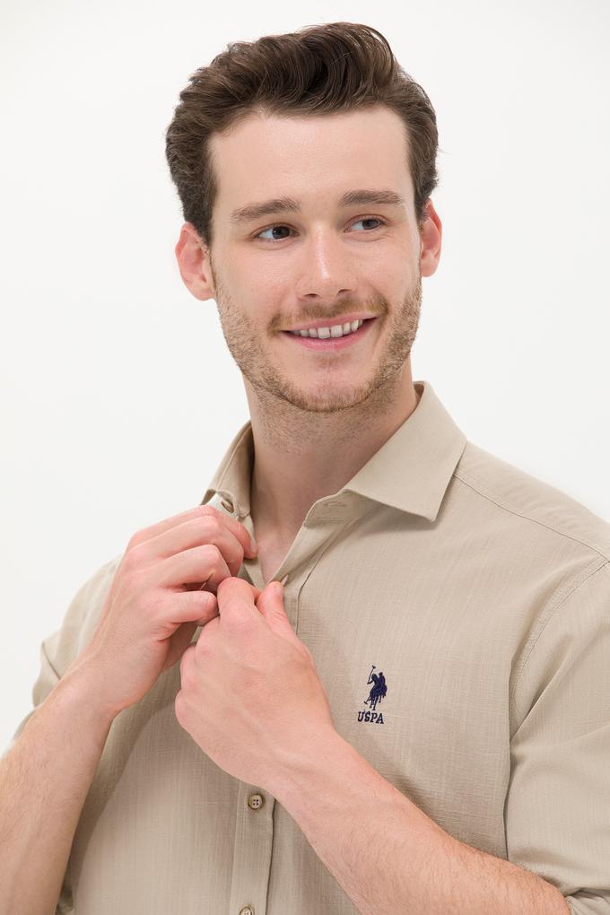 Erkek Haki Keten Görünümlü Basic Gömlek