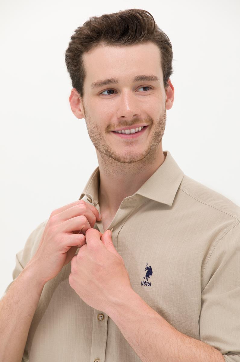 Erkek Haki Keten Görünümlü Basic Gömlek