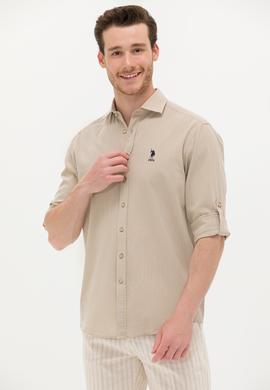 Erkek Haki Keten Görünümlü Basic Gömlek - 50254189016