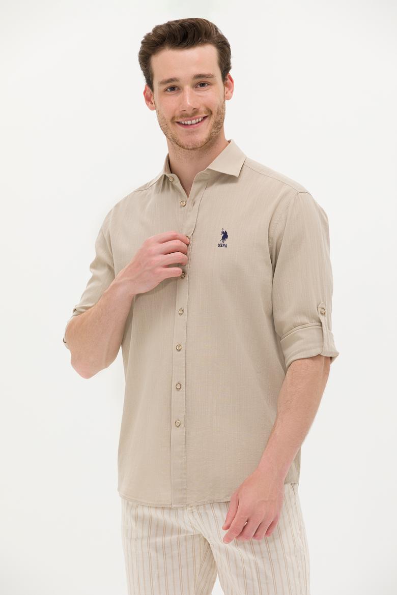 Erkek Haki Keten Görünümlü Basic Gömlek