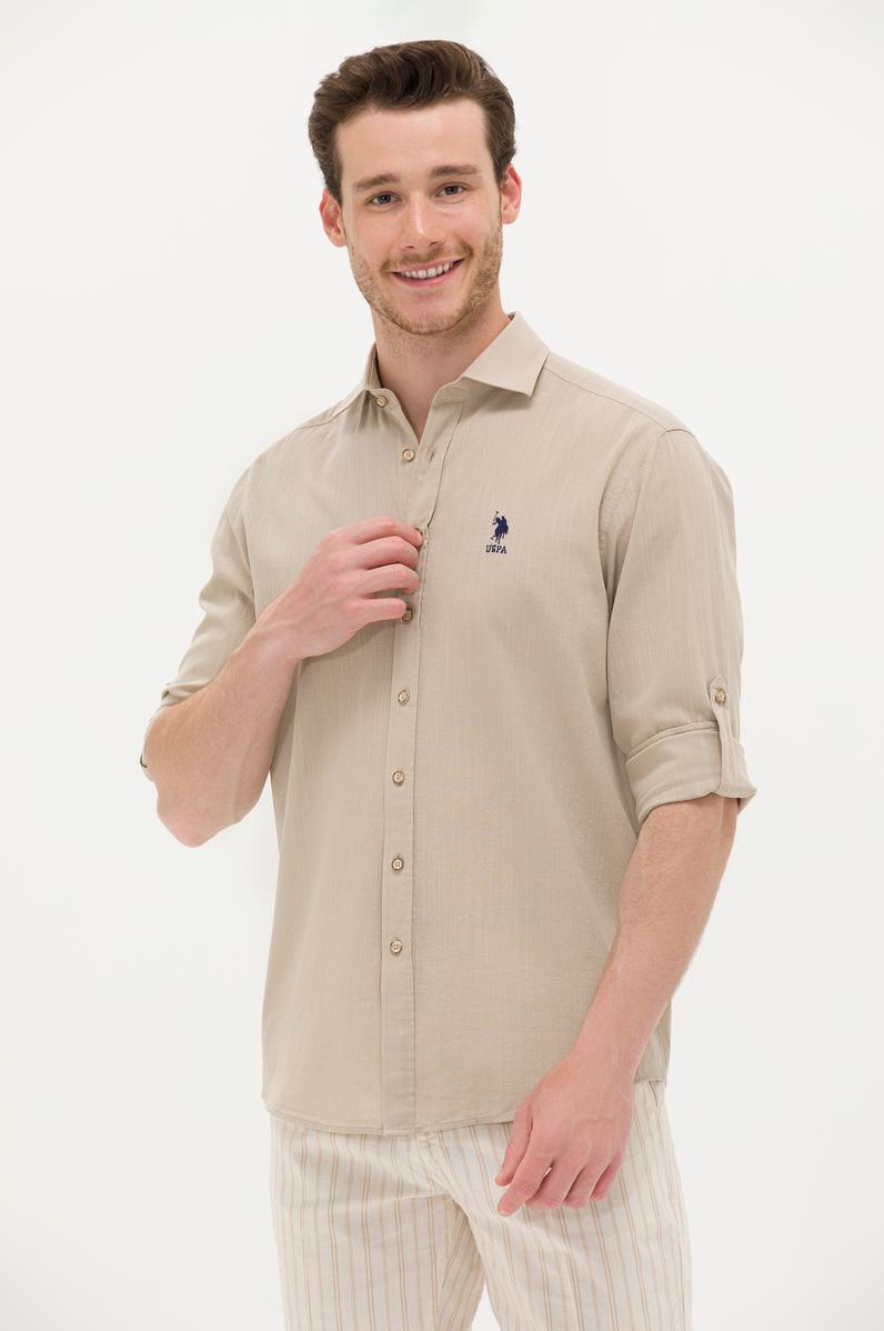 Erkek Haki Keten Görünümlü Basic Gömlek