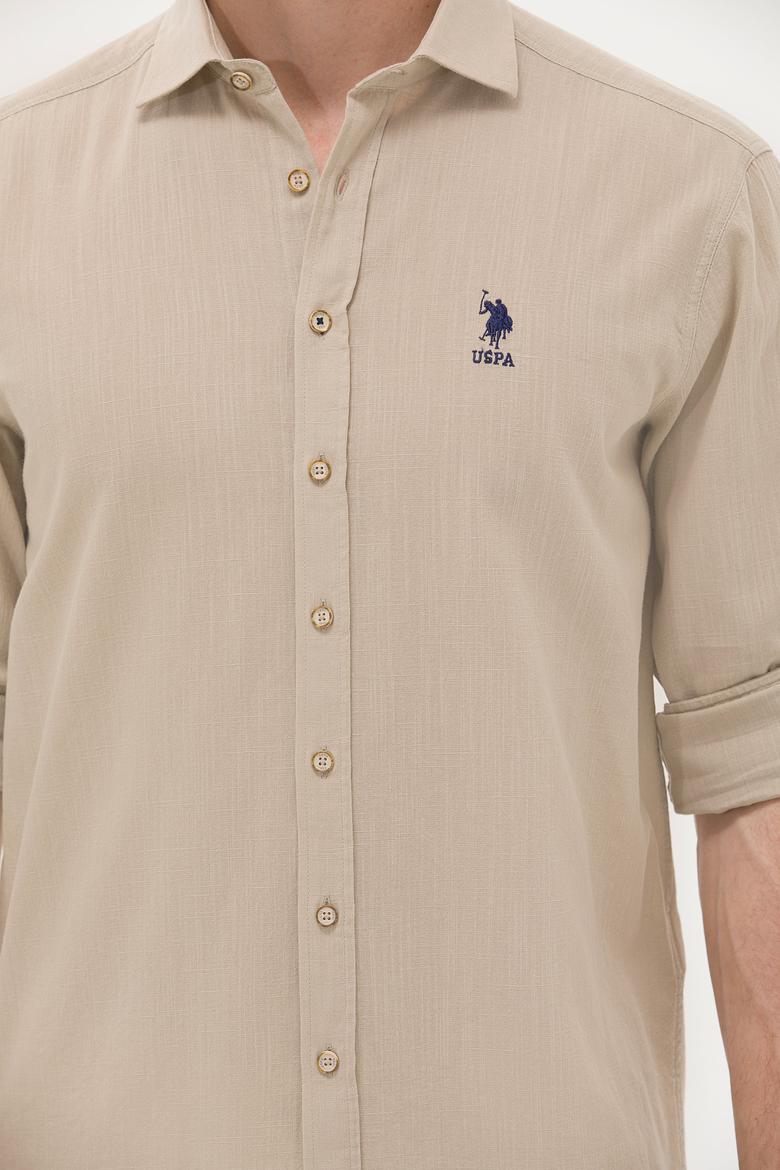 Erkek Haki Keten Görünümlü Basic Gömlek - 50254189016