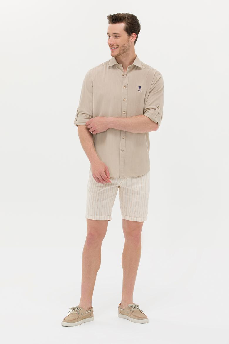 Erkek Haki Keten Görünümlü Basic Gömlek - 50254189016