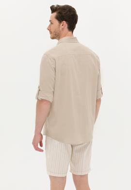 Erkek Haki Keten Görünümlü Basic Gömlek - 50254189016