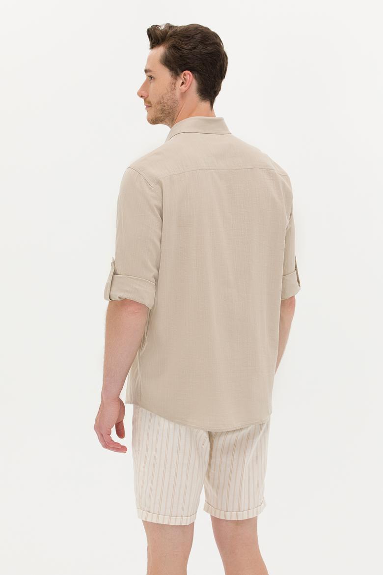 Erkek Haki Keten Görünümlü Basic Gömlek - 50254189016