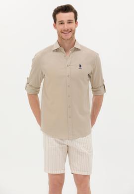 Erkek Haki Keten Görünümlü Basic Gömlek - 50254189016