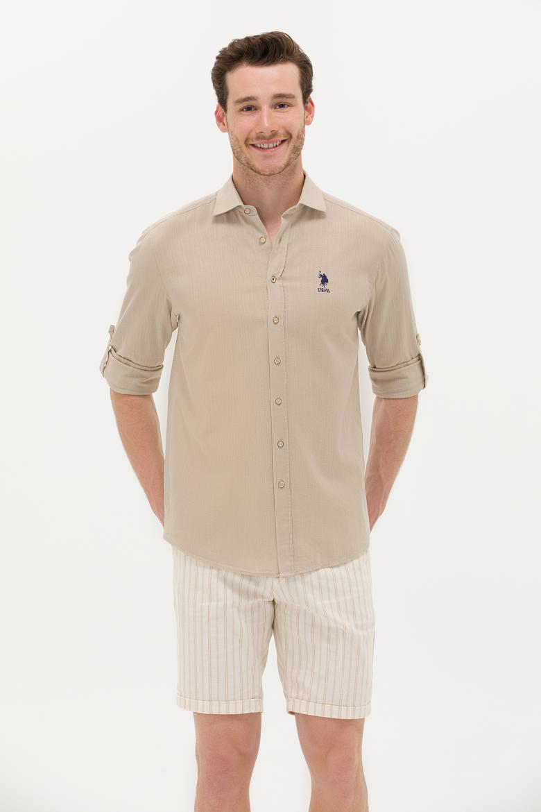 Erkek Haki Keten Görünümlü Basic Gömlek - 50254189016