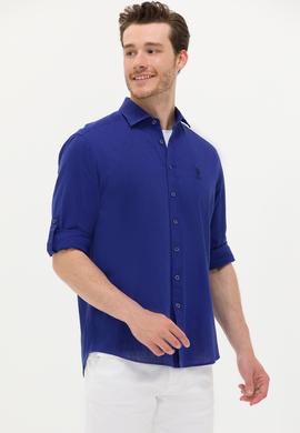 Erkek Saks Keten Görünümlü Basic Gömlek - 50254189070