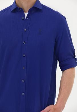 Erkek Saks Keten Görünümlü Basic Gömlek - 50254189070