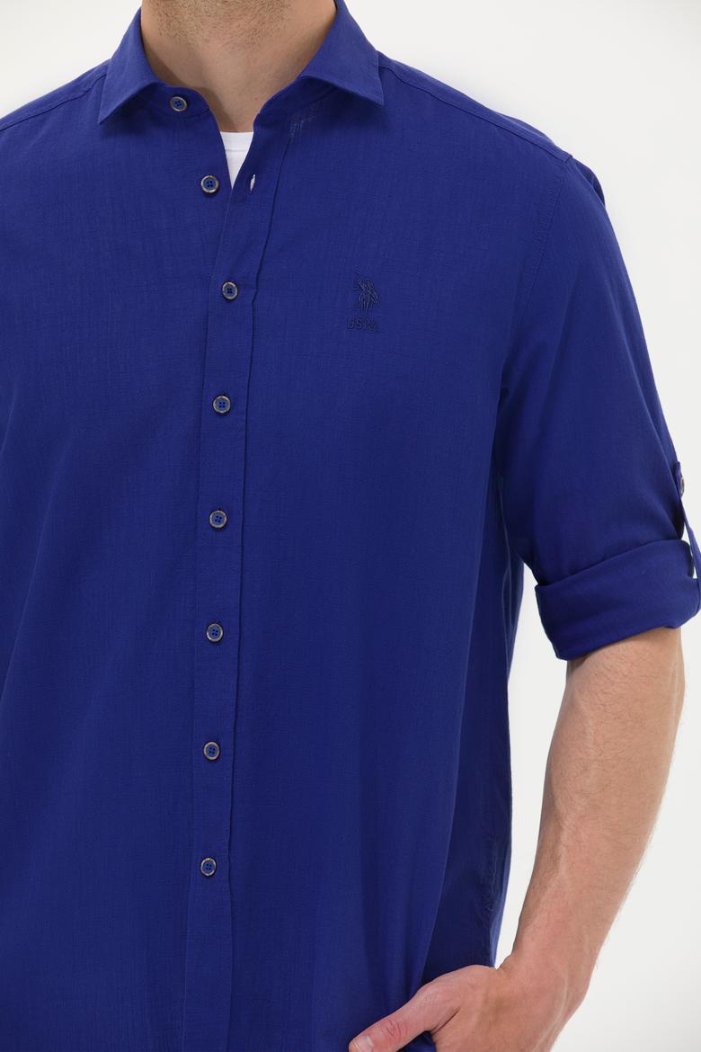 Erkek Saks Keten Görünümlü Basic Gömlek - 50254189070