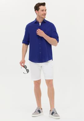 Erkek Saks Keten Görünümlü Basic Gömlek - 50254189070