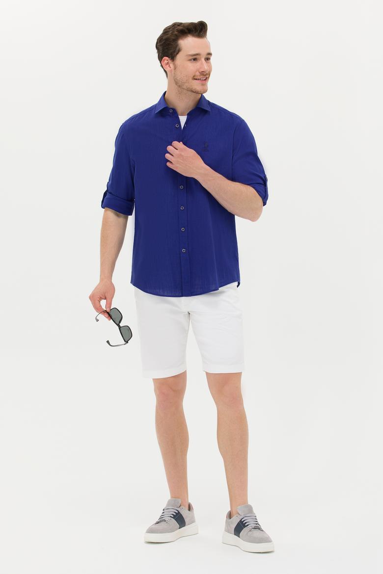 Erkek Saks Keten Görünümlü Basic Gömlek - 50254189070