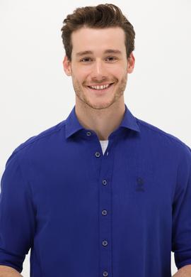 Erkek Saks Keten Görünümlü Basic Gömlek - 50254189070