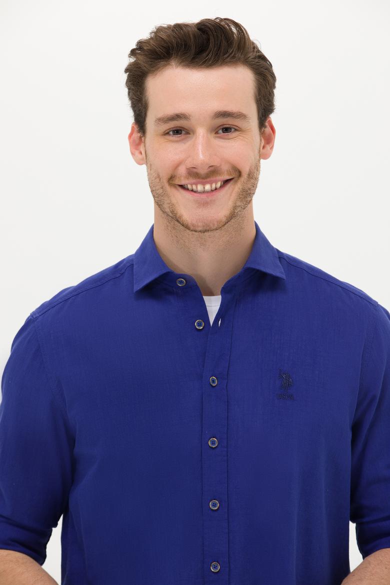 Erkek Saks Keten Görünümlü Basic Gömlek - 50254189070