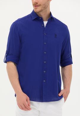 Erkek Saks Keten Görünümlü Basic Gömlek - 50254189070