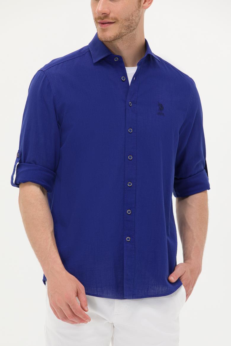 Erkek Saks Keten Görünümlü Basic Gömlek - 50254189070