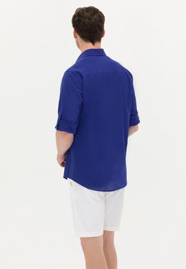 Erkek Saks Keten Görünümlü Basic Gömlek - 50254189070