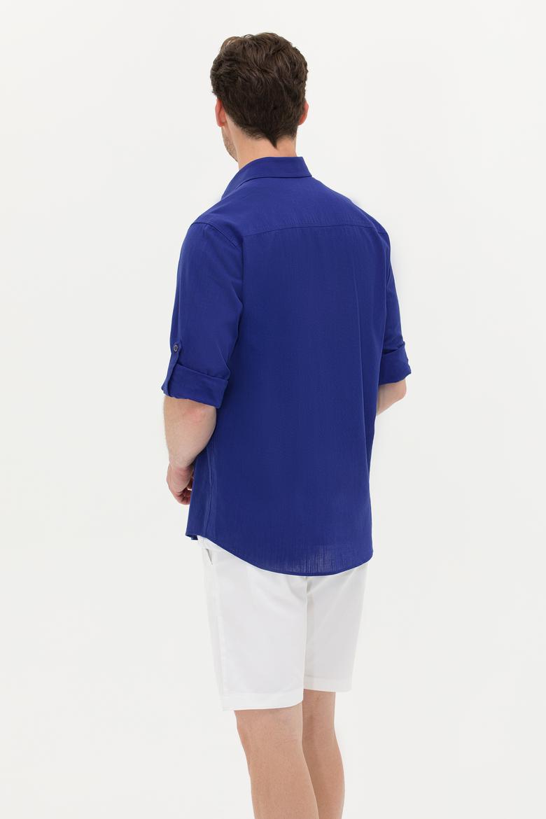 Erkek Saks Keten Görünümlü Basic Gömlek - 50254189070