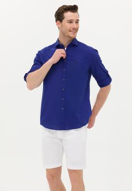 Erkek Saks Keten Görünümlü Basic Gömlek - 50254189070