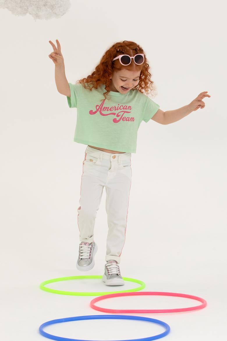 Kız Çocuk Mint Bisiklet Yaka Crop Tişört