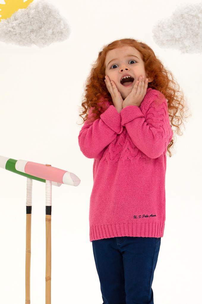 Kız Çocuk Neon Pembe Bisiklet Yaka Kazak