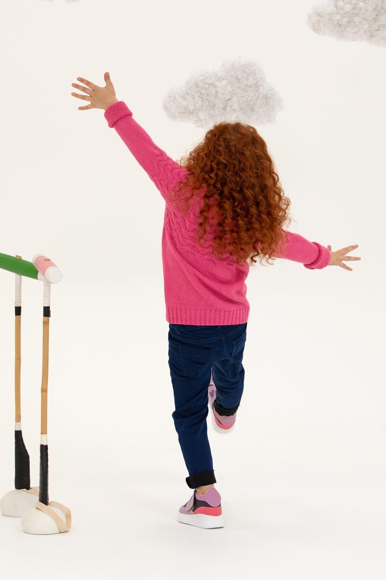 Kız Çocuk Neon Pembe Bisiklet Yaka Kazak - 50258074033