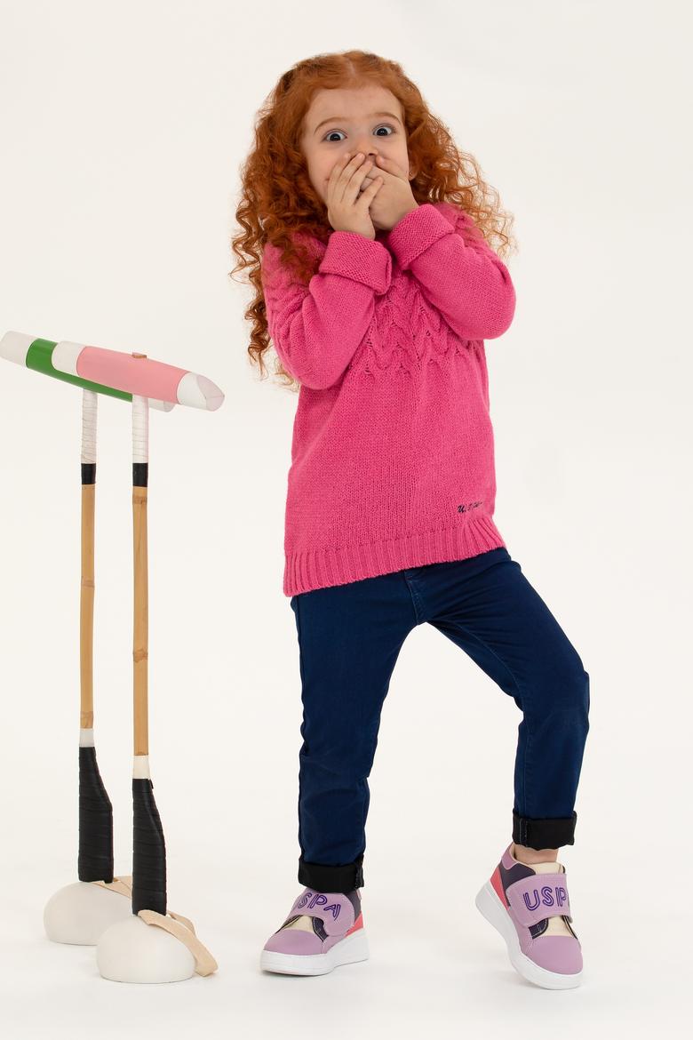 Kız Çocuk Neon Pembe Bisiklet Yaka Kazak - 50258074033