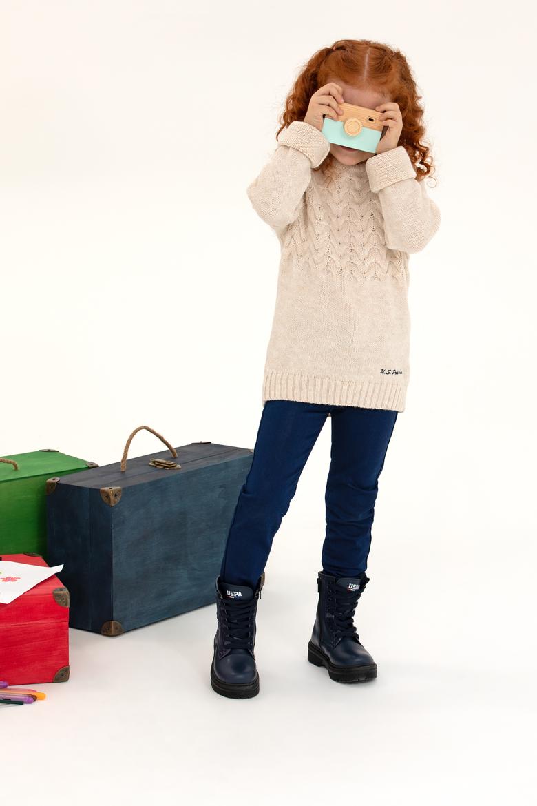 Kız Çocuk Krem Melanj Bisiklet Yaka Kazak - 50258074037