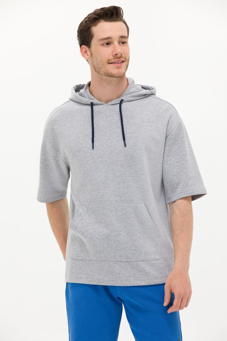 Erkek Gri Melanj Kapüşonlu Sweatshirt