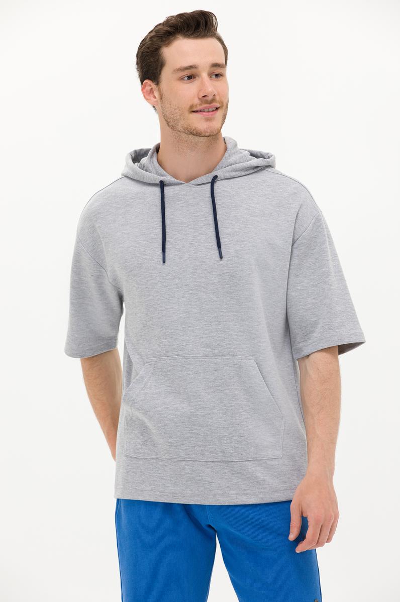 Erkek Gri Melanj Kapüşonlu Sweatshirt