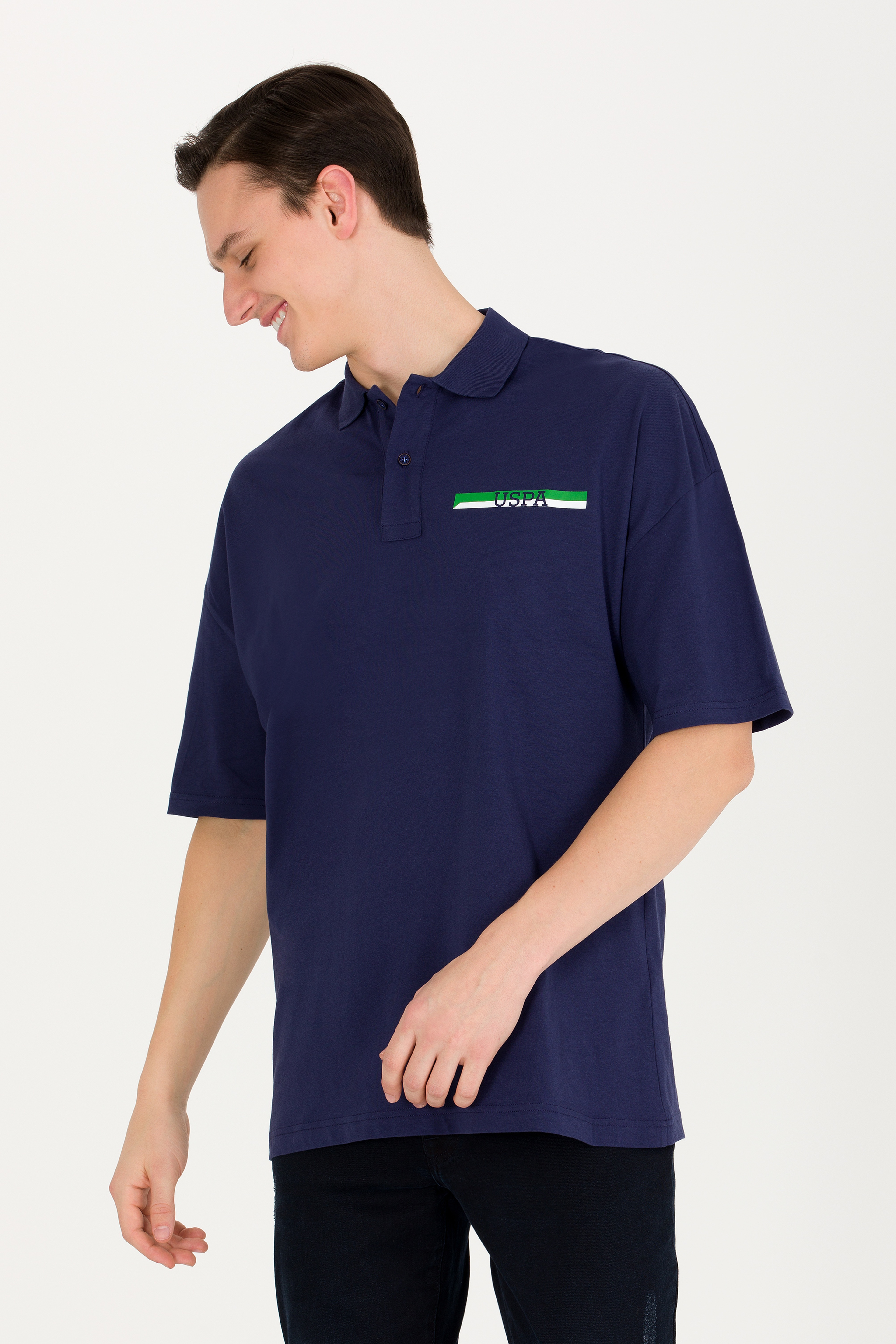 Erkek Lacivert Oversize Polo Yaka Tişört - Image 2