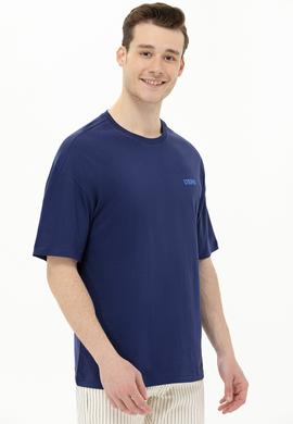 Erkek Lacivert Oversize Bisiklet Yaka Tişört - 50264935018