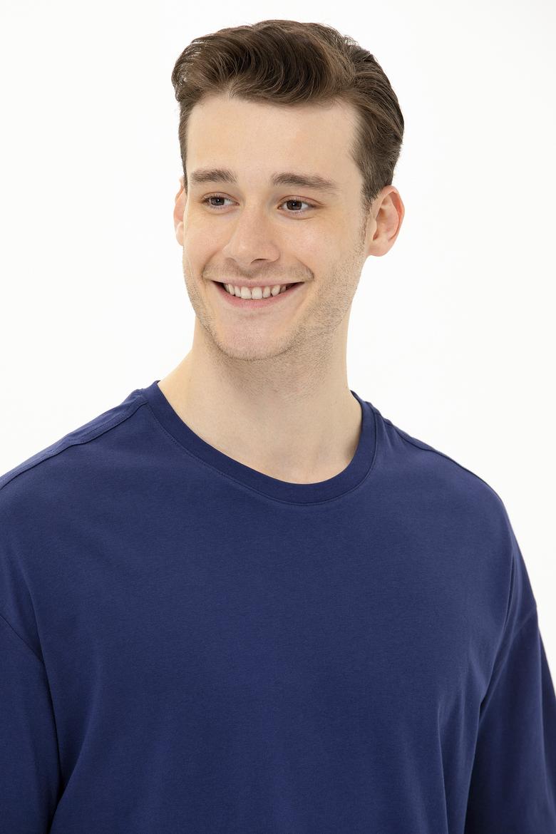 Erkek Lacivert Oversize Bisiklet Yaka Tişört - 50264938013