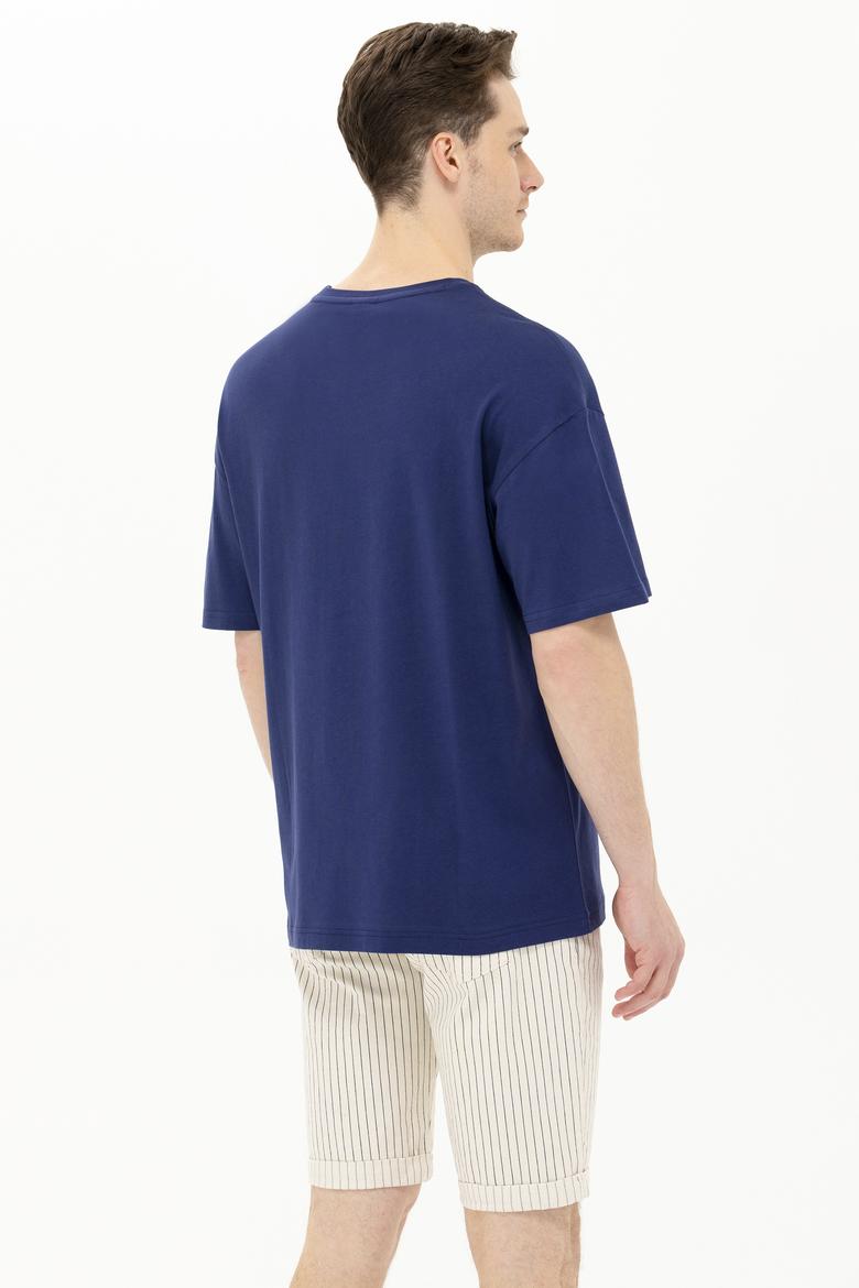 Erkek Lacivert Oversize Bisiklet Yaka Tişört - 50264938013