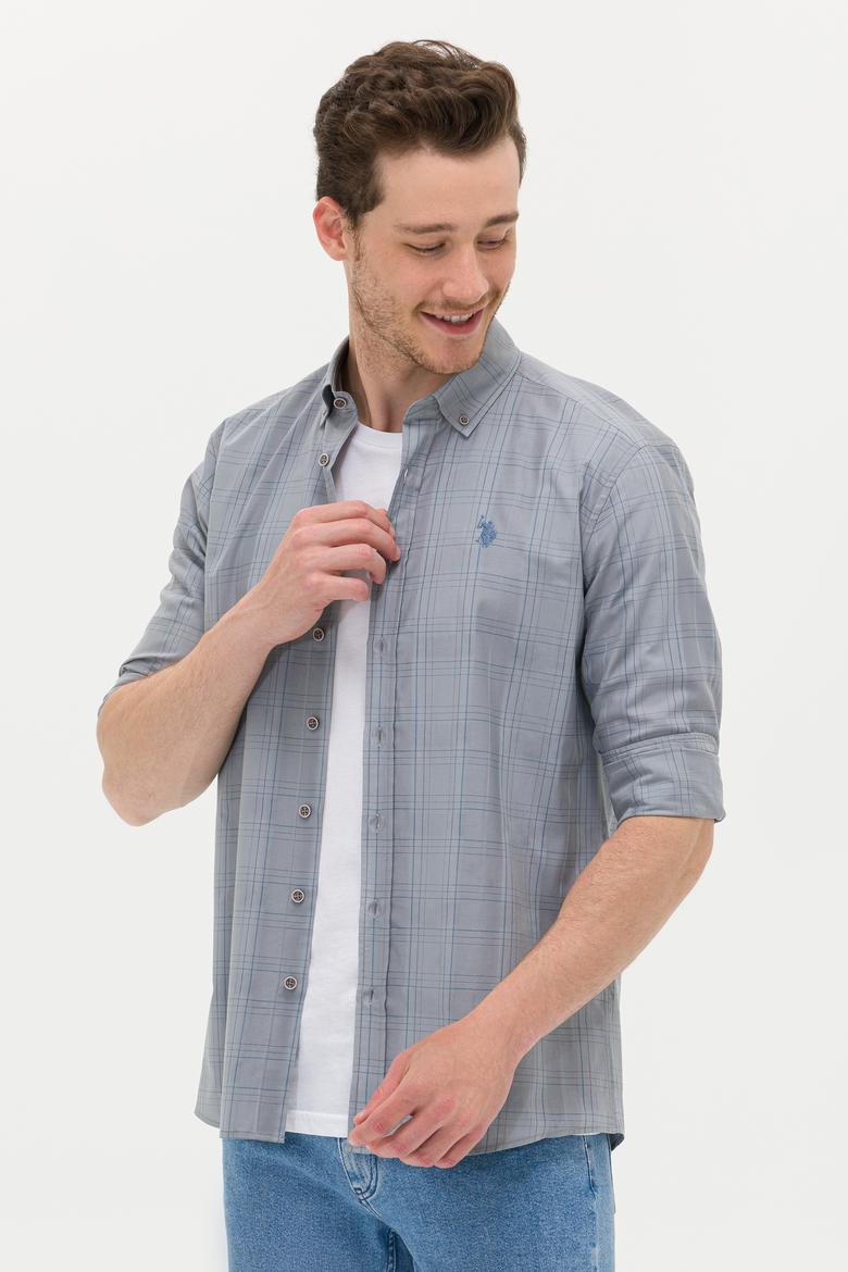 Erkek Mavi Ekoseli Gri Gömlek - 50266122047