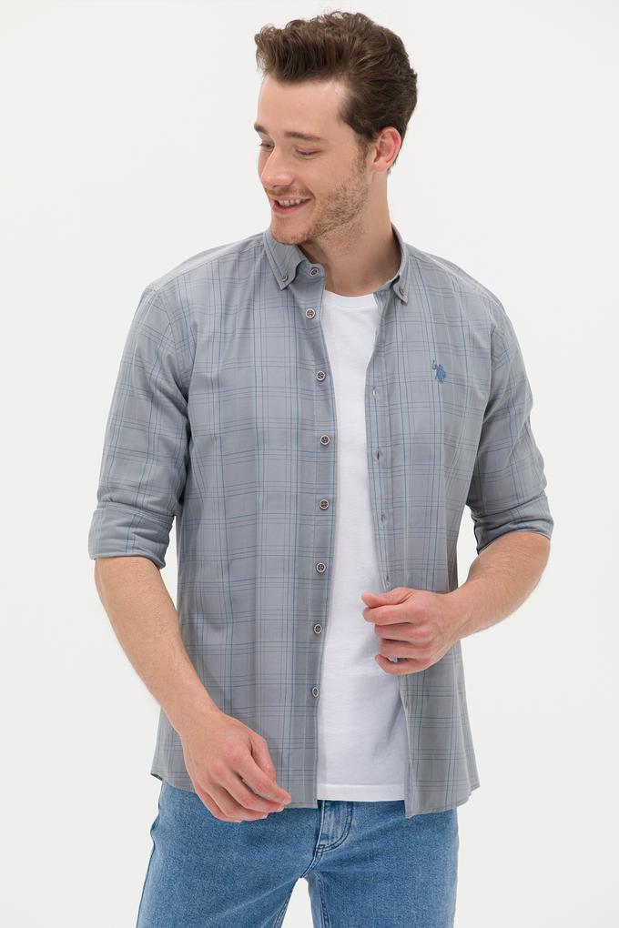 Erkek Mavi Ekoseli Gri Gömlek