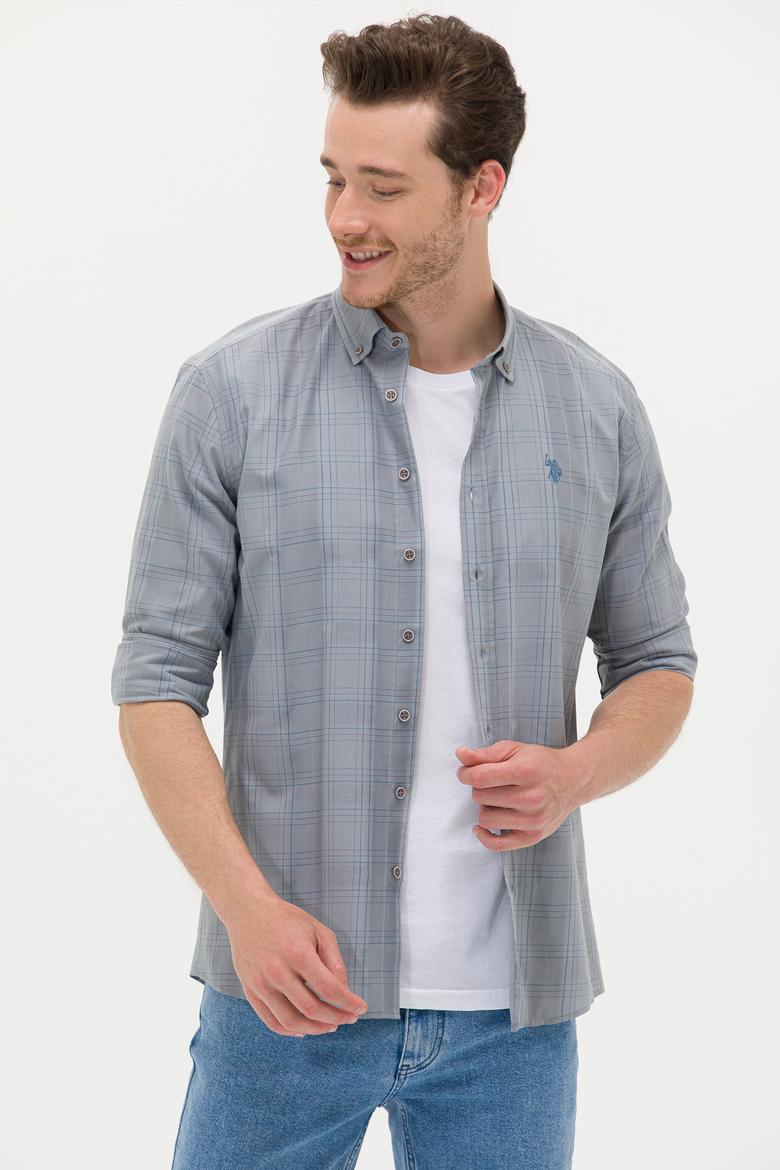 Erkek Mavi Ekoseli Gri Gömlek