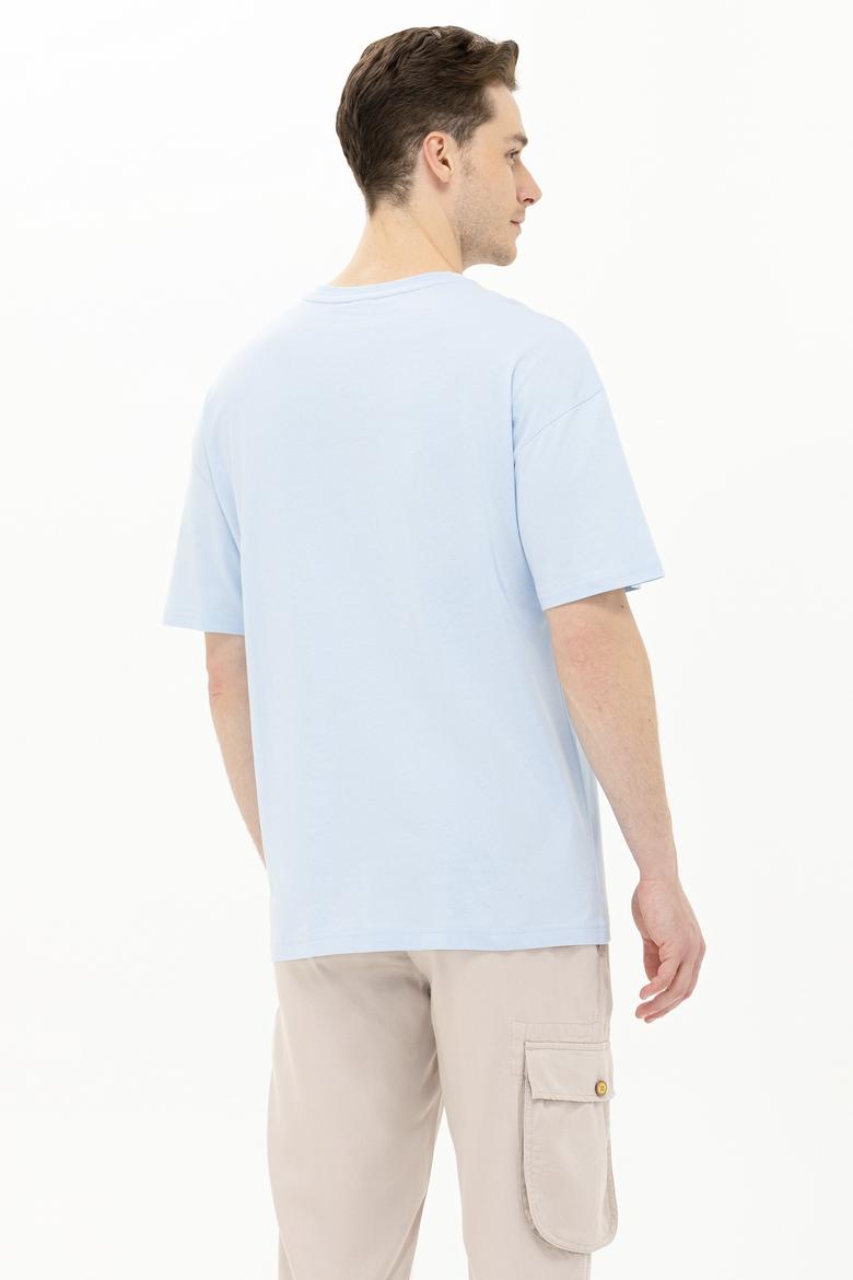 Erkek Açık Mavi Oversize Bisiklet Yaka Tişört - 50264917138