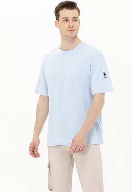 Erkek Açık Mavi Oversize Bisiklet Yaka Tişört - 50264917138