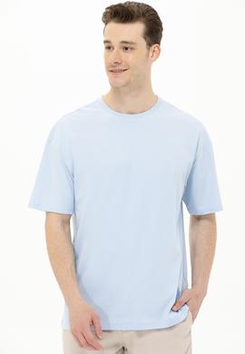 Erkek Açık Mavi Oversize Bisiklet Yaka Tişört - 50264917138