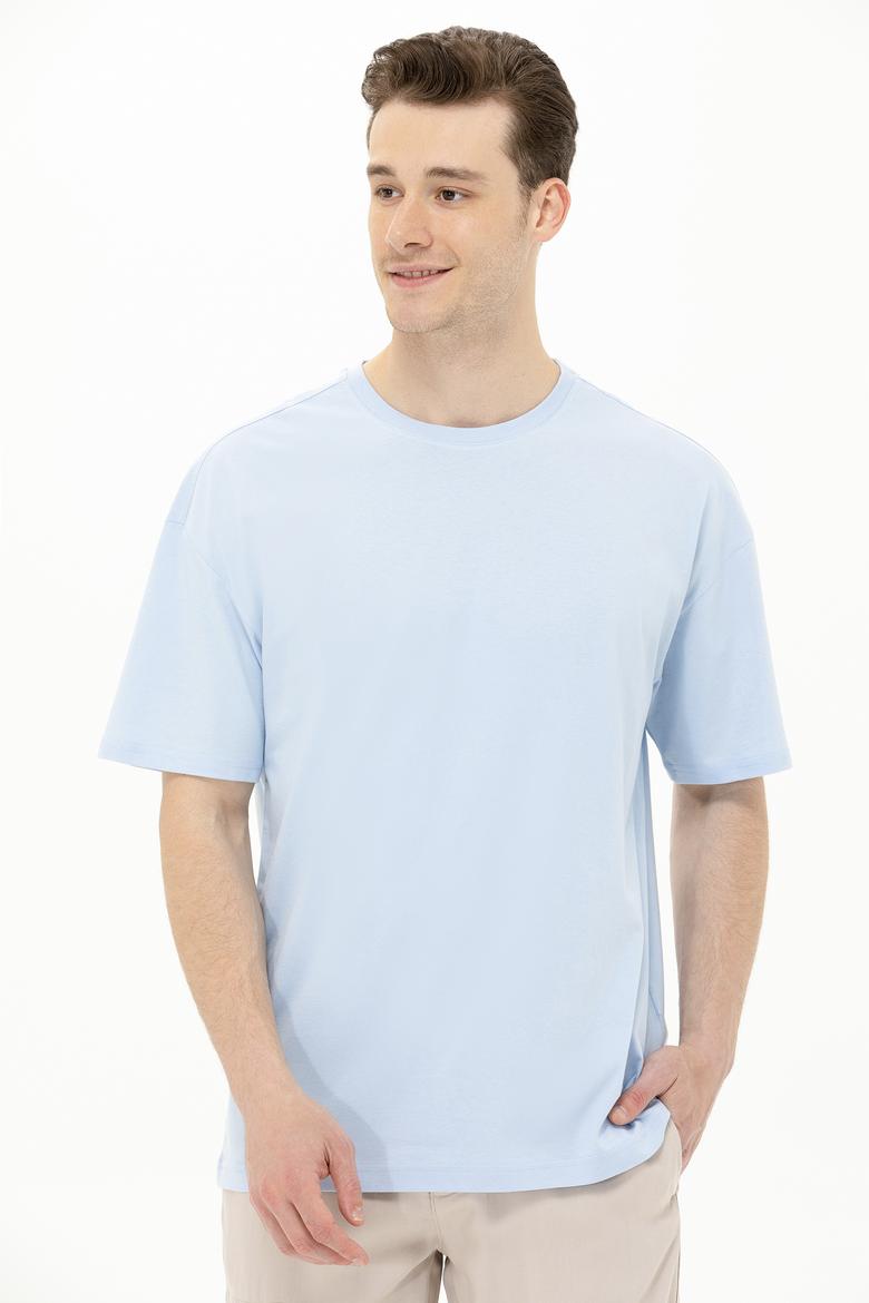 Erkek Açık Mavi Oversize Bisiklet Yaka Tişört - 50264917138