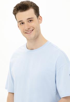 Erkek Açık Mavi Oversize Bisiklet Yaka Tişört - 50264917138