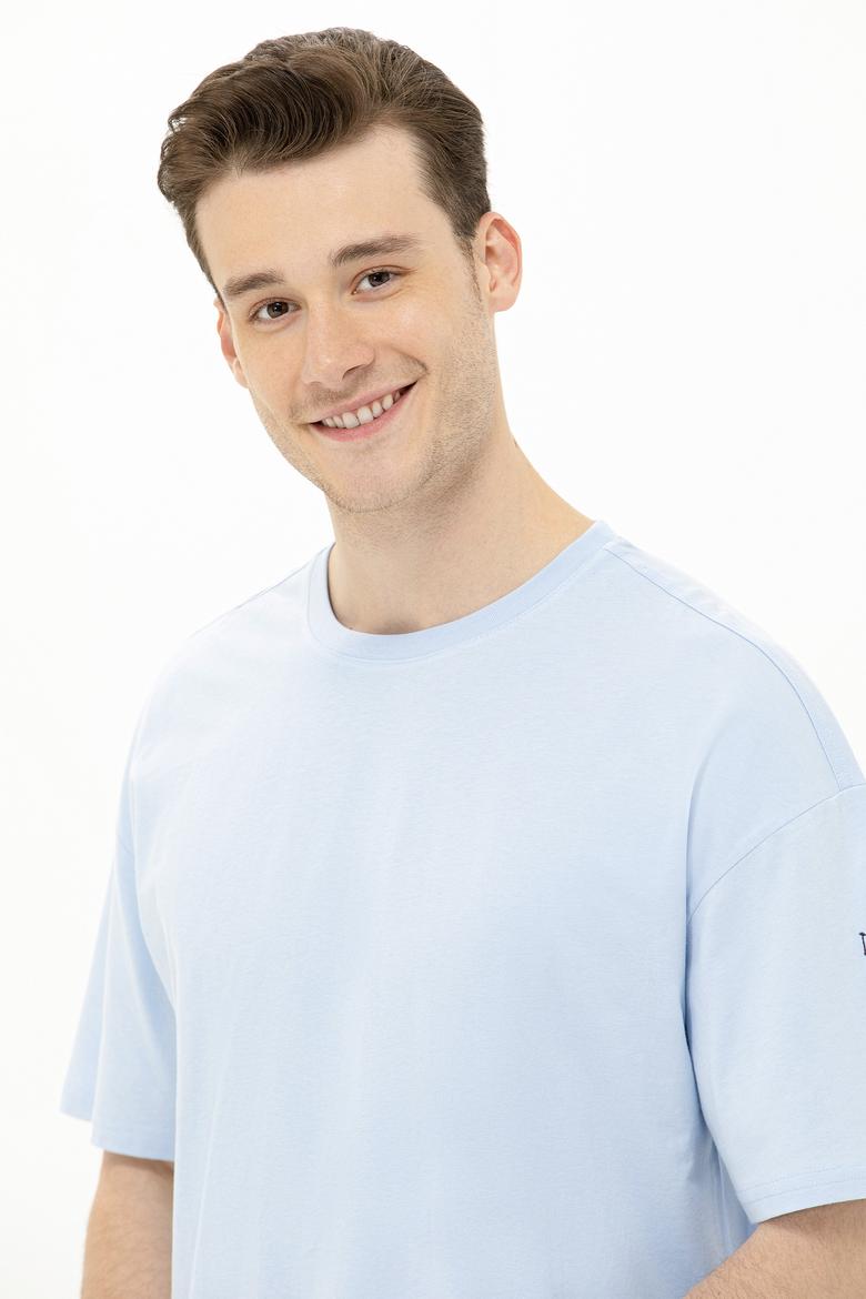 Erkek Açık Mavi Oversize Bisiklet Yaka Tişört - 50264917138