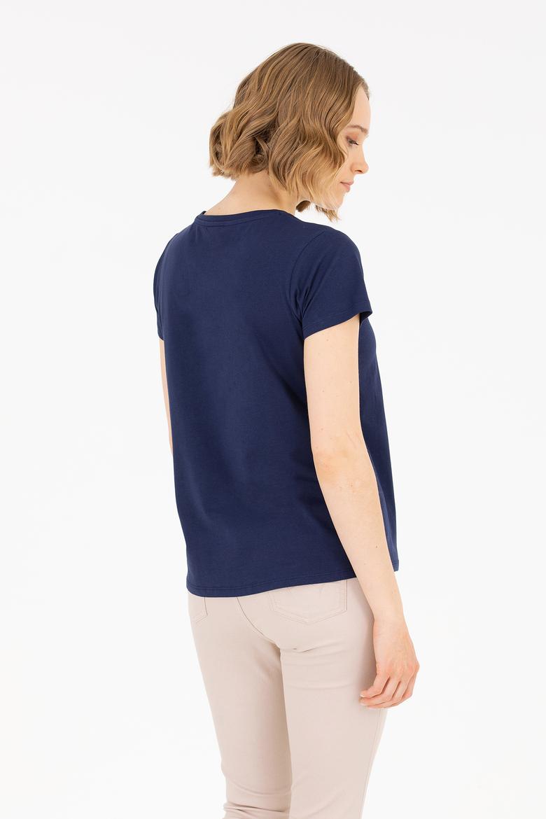 Kadın Lacivert Bisiklet Yaka Tişört - 50271647008
