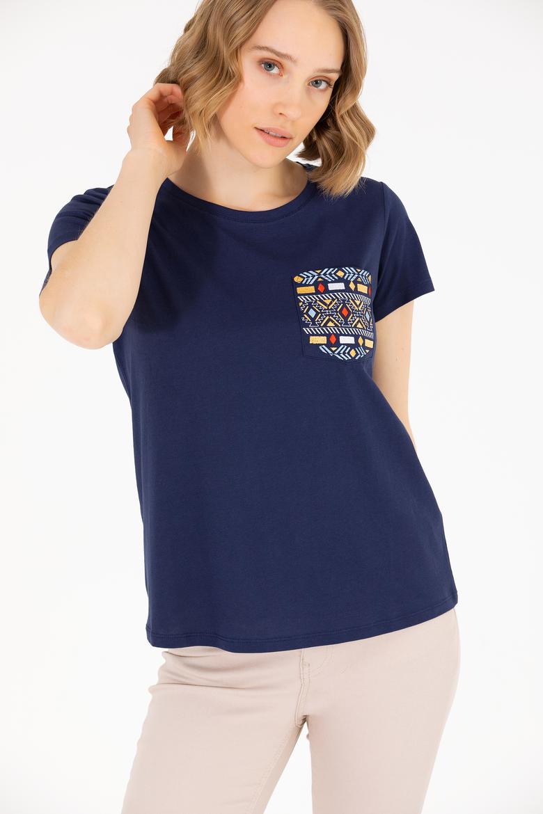 Kadın Lacivert Bisiklet Yaka Tişört - 50271647008